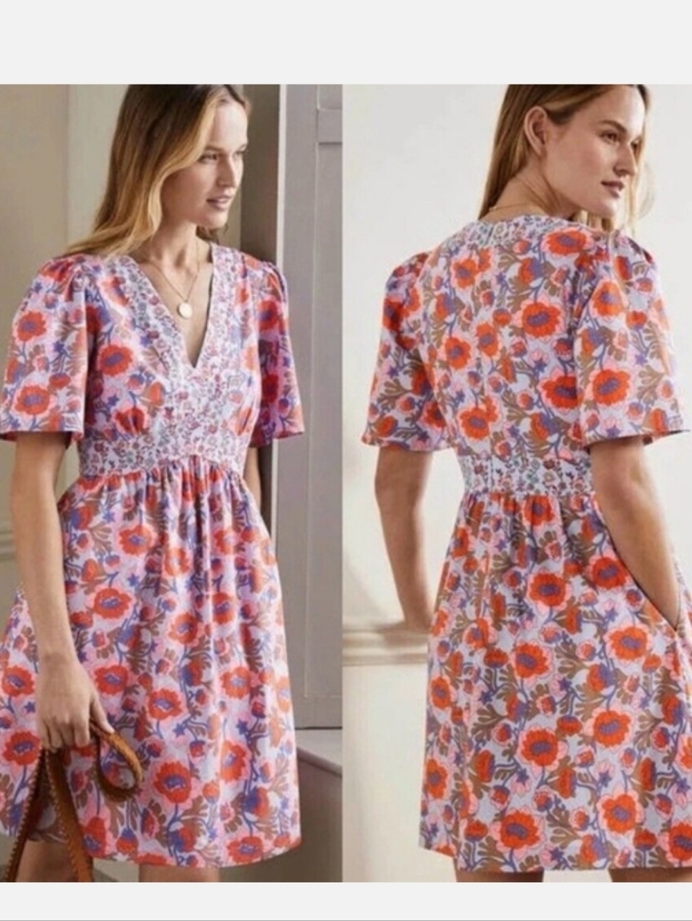 Boden Floral Contrast Flutter Sleeve Dress